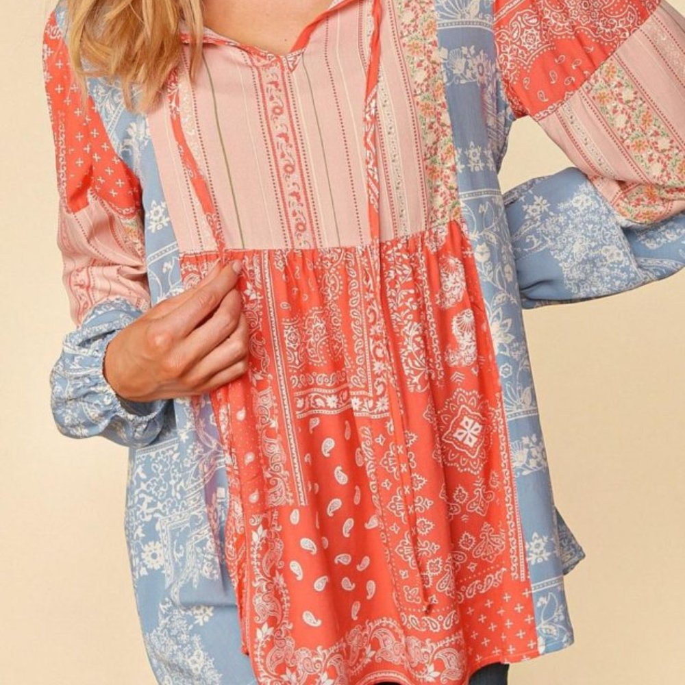 NEW Haptics Peach & Carolina Blue Paisley Patchwork Color Block Babydoll Blouse